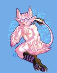  alinta_arts ambiguous_gender anthro blep butt eyewear feathers feet glasses hi_res kerolink male paws pink_body pinup pose solo tail tongue tongue_out 