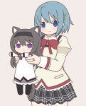  2girls akemi_homura animal_ears black_capelet black_footwear black_hair black_hairband black_skirt blue_eyes blue_hair bow bowtie capelet cat_ears cat_girl cat_tail frilled_skirt frills hair_ornament hairband hairpin layered_sleeves light_blush long_hair long_sleeves longcat_(meme) magical_girl mahou_shoujo_madoka_magica meme miki_sayaka mitakihara_school_uniform multiple_girls purple_bow purple_bowtie purple_eyes red_bow red_bowtie school_uniform short_hair sidelocks single_sidelock skirt standing tail very_long_hair yuno385 