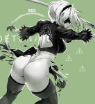  1girl 2b_(nier:automata) ass back_cutout black_blindfold black_gloves black_hairband black_thighhighs blindfold boots breasts clothing_cutout english_commentary facing_to_the_side feather-trimmed_sleeves from_behind gloves green_background hairband high_heel_boots high_heels highleg highleg_leotard highres holding holding_sword holding_weapon juliet_sleeves katana large_breasts leotard long_sleeves missfaves nier:automata nier_(series) puffy_sleeves short_hair sign solo sword thigh_boots thighhighs thighhighs_under_boots warning_sign weapon white_hair white_leotard 