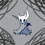  1other black_eyes blank_eyes blue_cloak broken_vessel_(hollow_knight) cloak commentary full_body grey_background grey_cloak hand_up holding holding_weapon hollow_knight layered_clothes looking_at_viewer nail_(hollow_knight) other_focus over_shoulder sakana_2-gou solo standing straight-on weapon weapon_over_shoulder 