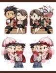  &gt;_&lt; 3boys 3girls ace_attorney asymmetrical_bangs beard black_hair black_jacket blowing_on_food blue_badger blue_eyes blush braid brown_hair bug butterfly carrying carrying_person chibi chopsticks closed_eyes coffee_mug couple crossed_legs cup dahlia_hawthorne diego_armando dual_persona earrings facial_hair food formal godot_(ace_attorney) hagoromo holding holding_chopsticks holding_cup holding_food iris_(ace_attorney) jacket jewelry long_hair long_sleeves looking_at_another mask matching_hairstyle mia_fey mole mole_under_mouth mouth_mask mug multiple_boys multiple_girls multiple_views noodles open_mouth pants parasol phoenix_wright phoenix_wright:_ace_attorney_-_trials_and_tribulations pink_badger pink_shawl pink_sweater pinstripe_pattern pinstripe_vest princess_carry ramen red_hair shawl shirt short_hair siblings sisters skirt skirt_suit smile striped suit surgical_mask sweatdrop sweater tongue tongue_out twins umbrella vest wahootarou white_butterfly white_umbrella 