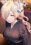  1girl :d animal_ear_fluff animal_ears black_kimono blonde_hair blue_archive blue_eyes blue_halo blurry blurry_background breasts commentary_request dog_ears extra_ears floral_print flower hair_flower hair_ornament hair_over_one_eye halo highres japanese_clothes kanna_(blue_archive) kimono large_breasts light_blush long_hair looking_at_viewer one_eye_covered open_mouth ponytail sasakichi_(ssk_chi) sharp_teeth smile solo teeth upper_body upper_teeth_only white_flower 