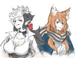  2girls animal_ears breasts fire_emblem fire_emblem_fates fox_ears fox_girl genderswap hotate_rayan kaden_(fire_emblem) keaton_(fire_emblem) large_breasts multiple_girls scar scar_on_face tongue tongue_out wolf_ears wolf_girl 