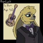  2022 adult_(lore) animatronic anthro black_clothing black_suit clothing female five_nights_at_freddy&#039;s floppy_ears fur guitar guitarist lagomorph leporid machine mammal model_sheet musical_instrument necktie pale_eyes pegacousin plucked_string_instrument purple_necktie rabbit robot scottgames solo spring_bonnie_(fnaf) string_instrument suit watermark yellow_body yellow_fur 