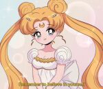  1990s_(style) 1girl bishoujo_senshi_sailor_moon blonde_hair blue_eyes blush bow breasts bubble_background chelly_(chellyko) cleavage collarbone crescent crescent_facial_mark double_bun dress earrings english_text facial_mark hair_bun hair_ornament highres jewelry long_hair looking_at_viewer medium_breasts multicolored_background princess_serenity puffy_sleeves retro_artstyle short_sleeves smile solo sparkle standing subtitled tsukino_usagi twintails waist_bow white_dress 