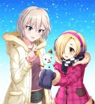  2girls :d anastasia_(idolmaster) black_shorts blonde_hair blue_background blue_eyes blush checkered_clothes checkered_scarf coat collarbone cross cross_necklace earmuffs fur-trimmed_sleeves fur_trim grey_hair grey_shirt hair_between_eyes hair_over_one_eye hairband height_difference highres holding hooded_coat idolmaster idolmaster_cinderella_girls jewelry long_sleeves multiple_girls necklace open_clothes open_coat open_mouth pink_coat pink_hairband plaid_coat popon_ta red_eyes scarf shirasaka_koume shirt short_hair short_shorts shorts sleeves_past_fingers sleeves_past_wrists smile snowing snowman white_coat winter_clothes winter_coat 