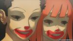  1boy 1girl artist_name black_eyes black_hair cioccolatodorima clown_mask colored_sclera highres horror_(theme) mask mcdonald&#039;s orange_hair portrait red_sclera short_hair teeth 