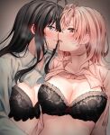  2girls ahoge black_bra black_hair blue_eyes blush bra breasts face-to-face hair_bun imminent_kiss lace lace_bra large_breasts long_hair medium_breasts medium_hair multiple_girls partially_unbuttoned pink_hair pink_shirt profile red_eyes red_hayao ribbon_bra shirt single_hair_bun single_side_bun unbuttoned unbuttoned_shirt underwear white_shirt yahari_ore_no_seishun_lovecome_wa_machigatteiru. yuigahama_yui yukinoshita_yukino yuri 