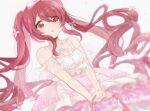  1girl 47_m00n :o alstroemeria_(idolmaster) bare_shoulders basket collarbone dress dutch_angle floating_hair flower frilled_dress frills hair_flower hair_ornament hair_ribbon highres holding holding_basket idolmaster idolmaster_shiny_colors long_hair osaki_tenka parted_lips pink_dress red_hair ribbon solo swept_bangs twintails upper_body very_long_hair white_background white_dress yellow_eyes 