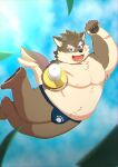  absurd_res anthro asian_clothing bamboo_sword belly canid canine canis clothing domestic_dog east_asian_clothing eyebrows fundoshi fur grey_body grey_fur hi_res japanese_clothing kumatoron lifewonders male mammal moritaka musclegut navel nipples pawpads pecs scar solo thick_eyebrows tokyo_afterschool_summoners underwear 