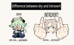  1boy 1girl albedo_(genshin_impact) aqua_eyes beret blonde_hair comparison difference_between_shy_and_introvert_(meme) double_middle_finger english_text frilled_leotard frills genshin_impact gloves hat hiuthis leotard light_green_hair long_hair looking_at_viewer meme middle_finger open_mouth ponytail semi-rimless_eyewear shy simple_background sucrose_(genshin_impact) two-tone_leotard under-rim_eyewear vision_(genshin_impact) white_gloves white_headwear 