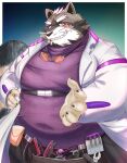  anthro belly belt brown_body brown_fur clothing coat daiwahouse0105 eyebrows eyewear fur goggles grin hi_res lab_coat lifewonders live_a_hero male mammal moobs navel overweight procyonid purple_clothing raccoon scientist smile solo thick_eyebrows tool_belt topwear viscunam 