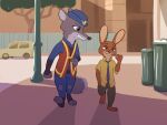  alternate_species angry anthro canid canine car clothing disney duo female fox hat headgear headwear judy_hopps lagomorph leporid male mammal necktie nick_wilde rabbit stick street tggeko trash_can uniform vehicle zootopia 