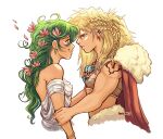  2girls bakugou_katsuki bare_arms bare_shoulders blonde_hair body_freckles boku_no_hero_academia braid cape commentary cropped_torso ear_piercing earrings english_commentary flower freckles from_side fur-trimmed_cape fur_trim genderswap genderswap_(mtf) green_hair habkart hair_flower hair_ornament hands_on_another&#039;s_arms heart heart_hair highres jewelry long_hair looking_at_another midoriya_izuku midriff multiple_girls multiple_necklaces necklace piercing red_cape shoulder_tattoo simple_background smile tattoo upper_body white_background yuri 