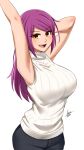  1girl :d absurdres airisubaka arm_behind_head armpits arms_up artist_name bare_arms breasts brown_eyes commentary cowboy_shot eyes_visible_through_hair highres large_breasts leah_(airisubaka) long_hair looking_at_viewer open_mouth original purple_hair ribbed_sweater signature simple_background sleeveless sleeveless_turtleneck smile solo sweater symbol-only_commentary turtleneck turtleneck_sweater white_background white_sweater 