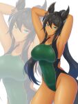  absurdres animal_ears armpits arms_behind_head black_hair blue_eyes breasts commission competition_swimsuit covered_navel dark-skinned_female dark_skin green_one-piece_swimsuit highleg highleg_swimsuit highres horse_ears horse_girl horse_tail large_breasts long_hair one-piece_swimsuit ponytail presenting_armpit seppatsumaru swimsuit symboli_kris_s_(umamusume) tail two-tone_swimsuit umamusume zoom_layer 