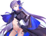  1girl absurdres armored_boots blue_eyes blue_ribbon blush boots breasts cropped_jacket crotch_plate fate/extra fate/extra_ccc fate_(series) hair_ribbon highres jiajiayu long_hair long_sleeves looking_at_viewer meltryllis_(fate) navel prosthesis prosthetic_leg purple_hair ribbon simple_background sleeves_past_fingers sleeves_past_wrists small_breasts solo very_long_hair white_background 