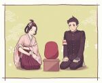  1boy 1girl ace_attorney amemomism armband artist_name bangs_pinned_back black_eyes black_hair black_jacket black_pants blush border buttons closed_eyes closed_mouth commentary_request daruma_doll floral_print full_body green_background hair_ribbon hair_rings hakama hakama_skirt hand_on_own_arm hands_on_own_knees holding holding_paintbrush jacket japanese_clothes kimono long_sleeves looking_at_another paintbrush pants pink_kimono red_skirt ribbon rolling_sleeves_up ryunosuke_naruhodo seiza short_hair sitting skirt smile susato_mikotoba sweatdrop the_great_ace_attorney updo white_border wide_sleeves yellow_ribbon 