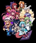  6+girls ;d absurdres ahoge black_background blonde_hair blue_eyes blue_hair blue_skirt blue_vest bow cloak closed_mouth color_wheel_challenge debt disembodied_head drawstring elbow_gloves fox_tail frog_hair_ornament gloves gohei green_eyes green_hair hair_bow hair_ornament hair_ribbon hat hat_ribbon heterochromia highres holding holding_umbrella horns ibaraki_douji_(touhou) ibaraki_kasen karakasa_obake kitsune kochiya_sanae littlecloudie long_hair looking_at_viewer mob_cap multiple_girls multiple_heads multiple_tails one_eye_closed orange_(touhou) orange_hair parted_bangs pink_eyes pink_hair pointy_ears purple_bow rainbow_order red_eyes red_hair red_ribbon ribbon rumia sekibanki shirt short_hair simple_background skirt smile snake_hair_ornament stuffed_animal stuffed_cat stuffed_toy tabard tail tatara_kogasa tongue tongue_out touhou touhou_(pc-98) umbrella vest white_gloves white_headwear white_shirt yakumo_ran yakumo_yukari yellow_headwear yorigami_shion 