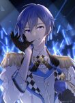 1boy biting black_gloves blue_eyes blue_hair blurry blurry_background buttons collared_shirt commentary cross_tie epaulettes glove_biting gloves glowstick highres holding holding_microphone kaito_(vocaloid) long_sleeves looking_at_viewer male_focus microphone more_more_jump!_(project_sekai) more_more_jump!_kaito parang_99 penlight_(glowstick) project_sekai shirt short_hair sleeves_past_elbows solo star_(symbol) sweat teeth upper_body vocaloid 