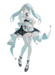  1girl aco_gbfg alternate_costume apron aqua_hair black_footwear closed_mouth faruzan_(cafe)_(genshin_impact) faruzan_(genshin_impact) genshin_impact green_eyes hair_ornament hand_on_own_cheek hand_on_own_face highres long_hair looking_at_viewer maid maid_apron maid_headdress official_alternate_costume one_eye_closed puffy_sleeves simple_background smile solo thighhighs twintails white_background white_thighhighs x_hair_ornament 