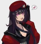  +_+ 1girl architect_(girls&#039;_frontline) asymmetrical_shirt beret black_hair black_shirt breasts chesed_(uporyz) cleavage coat commentary eighth_note fang girls&#039;_frontline griffin_&amp;_kryuger_military_uniform hair_ornament hat large_breasts long_hair looking_at_viewer musical_note off_shoulder one_side_up open_mouth pink_eyes pinstripe_pattern pinstripe_shirt red_coat red_headwear sangvis_ferri shirt simple_background sleeves_past_wrists smile solo spoken_musical_note striped upper_body white_background 