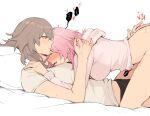  2girls absurdres blush breasts closed_mouth couple drooling from_side grey_hair heart highres honkai:_star_rail honkai_(series) hood hood_down hoodie large_breasts long_hair long_sleeves lying march_7th_(honkai:_star_rail) multiple_girls on_back open_mouth pink_hair pink_hoodie pussy_juice shirt short_sleeves soulnark speech_bubble stelle_(honkai:_star_rail) trailblazer_(honkai:_star_rail) white_shirt yellow_eyes yuri 
