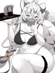  1girl :&lt; absurdres ahoge animal_ears black_bra blue_eyes bra braid breasts cleavage closed_mouth commentary_request feet_out_of_frame finger_to_own_chin furry furry_female gradient_eyes grey_hair hair_ornament hairclip hannah_(mahjong_soul) highres holding holding_tray index_finger_raised large_breasts long_bangs long_hair looking_at_viewer low-tied_long_hair mahjong_soul manmarumao mouth_veil multicolored_eyes navel pink_eyes plump saucer simple_background solo teapot thigh_strap tiger_ears tiger_girl tray underwear underwear_only veil very_long_hair white_background white_hair 