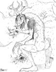  2019 american_mythology anthro antlers blood blood_on_hand bodily_fluids butt clawed_fingers claws crouching fangs fur head_turned hi_res horn indigenous_north_american_mythology looking_at_viewer male marcushunter monster mythology north_american_mythology nude open_mouth outside rear_view saliva saliva_string signature snow solo teeth toe_claws tongue wendigo white_eyes 