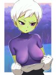  1girl beyon_(beyon1710) blush breasts cheelai colored_skin dragon_ball dragon_ball_(classic) dragon_ball_super eyelashes green_skin large_breasts purple_eyes sagging_breasts short_hair skin_tight sweat white_hair 