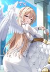  1girl absurdres angel_wings ass blue_archive breasts cup dress feathered_wings halo highres holding holding_cup kesa_pasa looking_at_viewer looking_back nagisa_(blue_archive) small_breasts smile solo teacup white_dress white_wings wings 