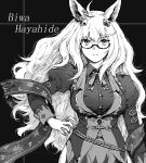  1girl ahoge animal_ears biwa_hayahide_(umamusume) bow bowtie breasts character_name closed_mouth collared_shirt glasses greyscale hip_vent horse_ears jacket juliet_sleeves large_breasts long_hair long_sleeves looking_at_viewer monochrome navel puffy_sleeves semi-rimless_eyewear shirt skirt solo umamusume upper_body uruimu v-shaped_eyebrows 