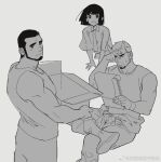  1girl 2boys :d bara beard buzz_cut ear_piercing facial_hair feet_out_of_frame gh_himainu greyscale hand_on_own_face holding holding_carton holding_notepad invisible_chair large_pectorals light_blush mature_male monochrome multiple_boys muscular muscular_male notepad original pectorals pencil piercing shirt short_hair sitting sleeveless sleeveless_shirt smile standing sweatdrop tank_top very_short_hair 