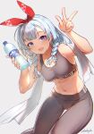  1girl alternate_costume arm_up armpits arpeggio_kaga bare_arms bare_shoulders black_pants black_shirt blue_eyes bottle braid breasts crop_top hair_over_shoulder hair_ribbon hand_up highres holding holding_bottle indie_virtual_youtuber kanzaki_mikoto_(vtuber) leggings long_hair looking_at_viewer medium_breasts midriff navel open_mouth pants revision ribbon shirt simple_background sleeveless sleeveless_shirt smile solo sports_bra stomach sweat towel twin_braids v virtual_youtuber water_bottle white_background white_hair 