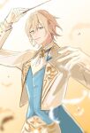  1boy ascot baton_(conducting) blonde_hair blue_eyes blue_vest brooch conductor double-parted_bangs ensemble_stars! falling_feathers feathers gloves gold_trim gradient_background hair_between_eyes hands_up high-waist_pants highres holding holding_wand jacket jewelry lapels long_sleeves looking_at_viewer male_focus pants parted_lips shirt shisi_(qh19984) short_hair sideways_glance solo sweat tailcoat tenshouin_eichi vest wand white_ascot white_background white_feathers white_gloves white_jacket white_pants white_shirt yellow_background 