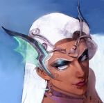  1girl blue_eyes earrings eyeshadow fins green_eyeshadow headpiece jewelry makeup overwatch overwatch_2 red_lips shizhen36 symmetra_(overwatch) tan_skin white_hair 