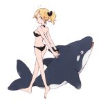  1girl arms_behind_back back bare_arms bare_legs bikini black_bikini black_bow black_bracelet blonde_hair bow breasts butt_crack closed_mouth from_side full_body h_kawa hair_bow holding_floatie interlocked_fingers large_breasts looking_at_viewer loose_hair_strand original own_hands_clasped own_hands_together shark short_hair short_ponytail smile solo stomach swimsuit white_background white_eyes 