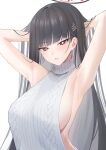  1girl absurdres armpits arms_up black_hair blue_archive blush breasts halo highres large_breasts long_hair looking_at_viewer meme_attire red_eyes rio_(blue_archive) sideboob sideless_outfit simple_background solo straight_hair upper_body very_long_hair virgin_killer_sweater white_background zeil 