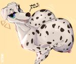  &lt;3 2023 anthro bedroom_eyes big_breasts blue_eyes breasts canid canine canis dalmatian dialogue digital_media_(artwork) digital_painting_(artwork) domestic_dog english_text female hi_res holding_breast huge_breasts hyper hyper_breasts looking_at_viewer mammal muldithekobold narrowed_eyes sagging_breasts seductive signature simple_background solo text 