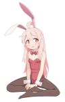  1girl :d ahoge animal_ears bare_arms bare_shoulders black_pantyhose bow bowtie breasts detached_collar fake_animal_ears full_body hair_between_eyes hairband hand_on_own_foot highres leotard light_blush long_hair looking_at_viewer no_shoes onii-chan_wa_oshimai! open_mouth oyama_mahiro pantyhose pink_hair playboy_bunny rabbit_ears red_bow red_bowtie red_leotard saiste simple_background sitting small_breasts smile solo strapless strapless_leotard sweatdrop white_background white_hairband wrist_cuffs 
