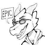  anthro clothing dragon eyebrows eyewear glasses grin headshot_portrait hi_res hoodie horn kabal_manegold male newt_wolfbuck portrait smile snout solo solo_focus teeth text topwear wingless_dragon 