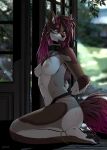  2023 5_fingers anthro areola blurred_background breasts brown_body brown_fur brown_hair canid canine day detailed_background digital_media_(artwork) eyebrows eyelashes female fingers fur hair hi_res horn hybrid kneeling lesspie mammal nipples outside pink_eyes smile solo 