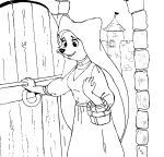  2023 anthro basket black_and_white breasts canid canine choker clothed clothing container danellz disney door dress female fox headdress jewelry maid_marian mammal monochrome necklace open_mouth robin_hood_(disney) solo tower 