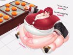 1girl ange_katrina ange_katrina_(1st_costume) big_belly black_coat blue_eyes blush breasts burger bursting_breasts button_gap cardigan coat commission commissioner_upload dress eduardocabezon english_commentary english_text fat fat_rolls flying_button food gigantic_breasts hair_intakes hand_on_own_stomach highres jewelry looking_down magic necklace nijisanji obese on_floor red_cardigan red_hair short_hair solo spread_legs talking tile_floor tiles tray triangle_hair_ornament virtual_youtuber weight_gain white_background white_dress 