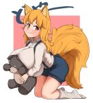  animal_humanoid big_breasts big_butt blush breasts butt canid canid_humanoid canine canine_humanoid clothing female fox_humanoid hair hi_res huge_breasts humanoid japanese_text kneeling mammal mammal_humanoid orange_eyes orange_hair plushie sakanadaze smile solo tail text unknown_character 