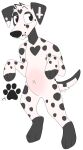  2023 adam&#039;s_apple anthro belly black_nose bluekyokitty canid canine canis dalmatian digital_drawing_(artwork) digital_media_(artwork) digitigrade domestic_dog eyebrows flat_colors floppy_ears full-length_portrait fur grey_body grey_fur handpaw heart_(marking) hi_res hindpaw male mammal navel paws pink_belly portrait sebdoggo simple_background solo spots spotted_body spotted_fur standing tail white_background white_body white_fur x_navel 