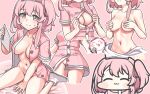  1girl blue_archive blush breasts buttons closed_mouth collarbone groin halo hat jazz_jack medium_breasts multiple_views navel nurse_cap one_side_up open_clothes pink_eyes pink_hair pink_headwear serina_(blue_archive) short_hair short_sleeves yellow_halo 