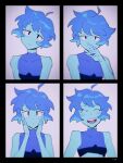  1girl ^_^ black_border blue_eyes blue_hair blue_skin blush border closed_eyes closed_mouth colored_skin crop_top expressions hands_on_own_cheeks hands_on_own_face head_tilt highres lapis_lazuli_(steven_universe) laughing looking_at_viewer nano8 panels parted_lips simple_background sleeveless smile steven_universe upper_body 