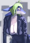  absurd_res anawat angry anthro blue_body breasts clothed clothing female fin fish fully_clothed green_hair hair hi_res marine shark solo suit white_body 