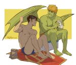  2boys alien armpit_hair armpit_hair_peek bad_id bad_tumblr_id bara black_hair blacksirensolo blonde_hair blue_male_swimwear chest_hair colored_skin couple dragon_wings ear_piercing eye_contact food full_body grabbing_another&#039;s_wing green_skin holding holding_food hulkling interspecies large_pectorals leg_hair long_sideburns looking_at_another male_focus male_swimwear marvel multiple_boys muscular muscular_male nipples orange_male_swimwear pectorals piercing sandwich shade short_hair sideburns sitting smile sparse_leg_hair swim_briefs thick_eyebrows toned toned_male topless_male two-tone_background wiccan wings yaoi 